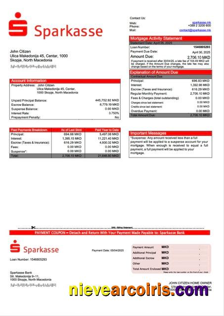 North Macedonia Sparkasse Bank mortgage statement Word and PDF template